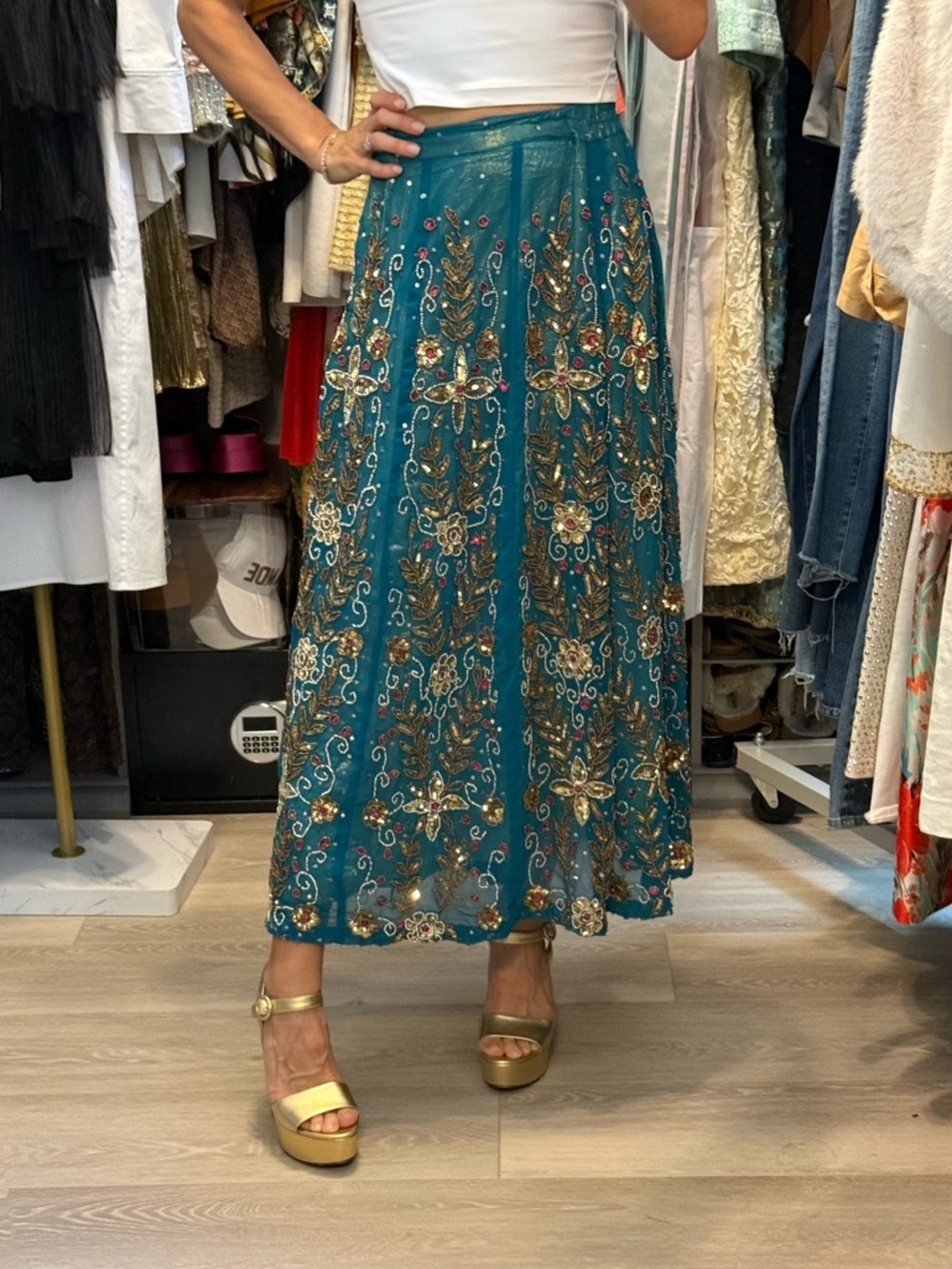 Vintage Embellished Mesh Maxi Skirt - Elegant Beaded Detail